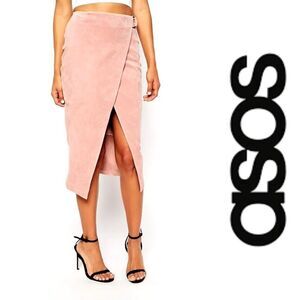 ASOS Pink Leather Midi Wrap Skirt With Buckle Size 6